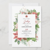 Invitation Floral Rustique baby shower rouge et vert (Devant)