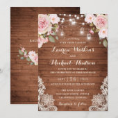 Invitation Floral Rustique Bois Blush Rose Lumières à cordes (Devant / Derrière)