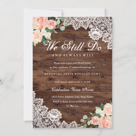Invitation Floral Rustique dentelle de bois Vow renouveau Ann (Devant)