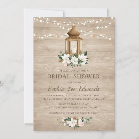 Invitation Floral Rustique Lanterne En Bois Magnolia Éclairag (Devant)
