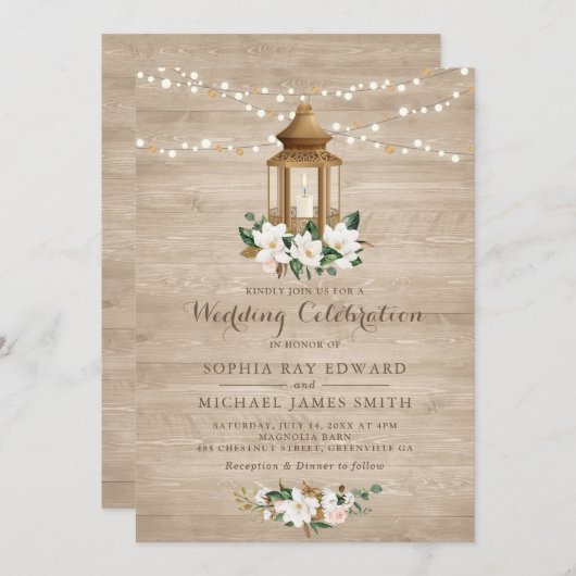 Invitation Floral Rustique Lanterne En Bois Magnolia Éclairag (Devant / Derrière)