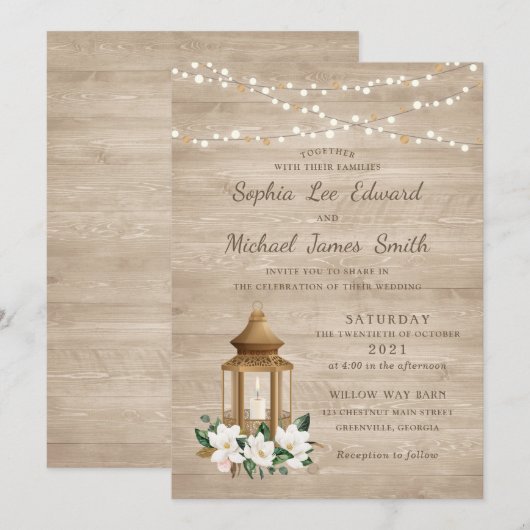 Invitation Floral Rustique Lanterne En Bois Magnolia Éclairag (Devant / Derrière)