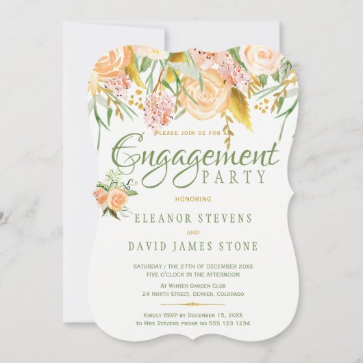 Invitation Floral rustique or sage élégant fiançailles (Devant)