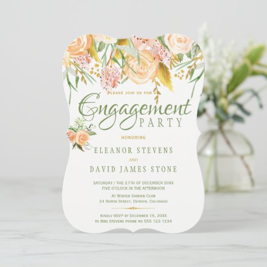 Invitation Floral rustique or sage élégant fiançailles (Debout devant)