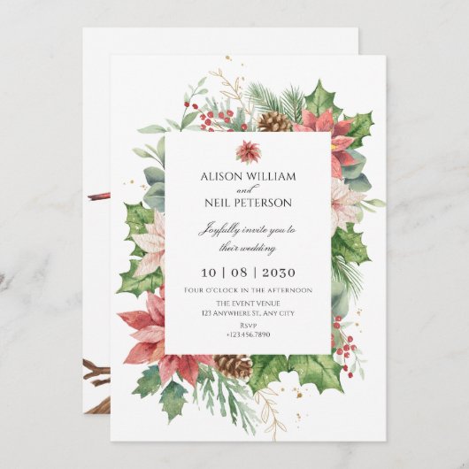 Invitation Floral Rustique Rouge et mariage vert (Devant / Derrière)