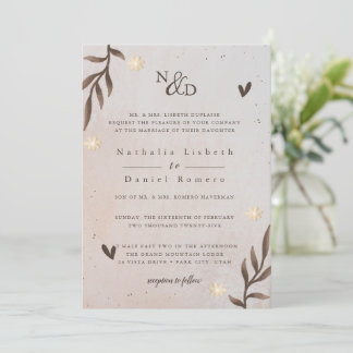 Invitation Floral rustique, Script élégant, Feuilles aquarell