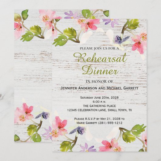 Invitation Floral rustique sur le Dîner de répétition en bois (Devant / Derrière)