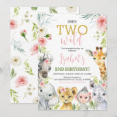 Invitation Floral Safari Animals Birthday Party (Devant / Derrière)