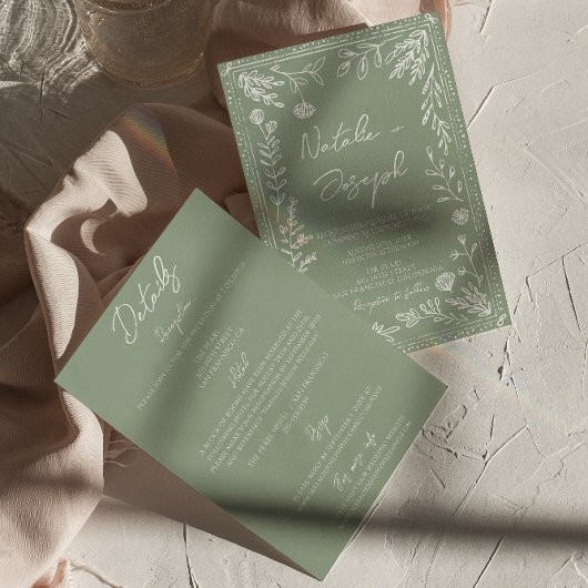 Invitation Floral Sage Green Botanical Fun All In One Wedding