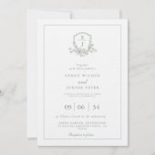 Invitation Floral Sage Green Leafy Crest Monogram Wedding (Devant)