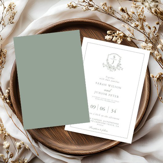 Invitation Floral Sage Green Leafy Crest Monogram Wedding