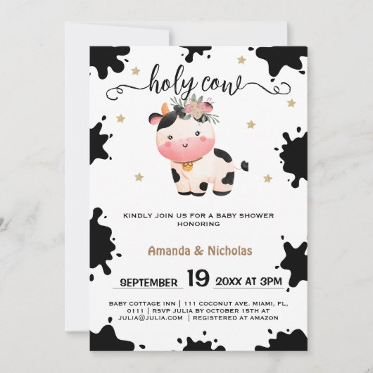 Invitation Floral Saint Vache bébé fille douche Boho (Devant)