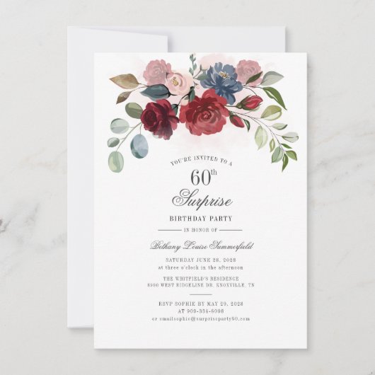 Invitation Floral Script Bourgogne Blush 60e fête d'anniversa (Devant)