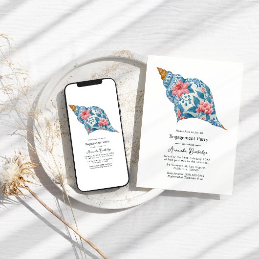 Invitation Floral Seashell Coastal Beach Engagement Party
