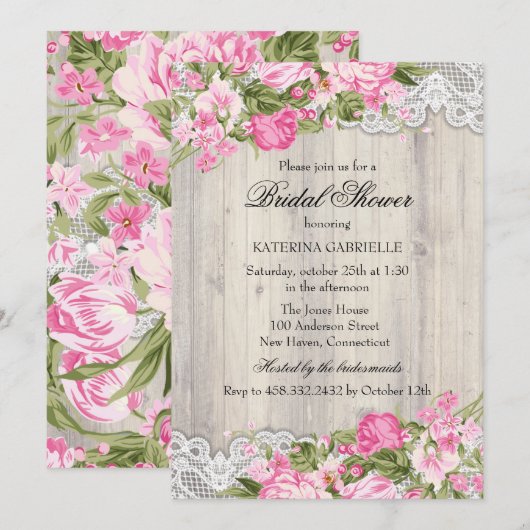 Invitation Floral Shabby Chic & Lace Fête des mariées Invitat (Devant / Derrière)