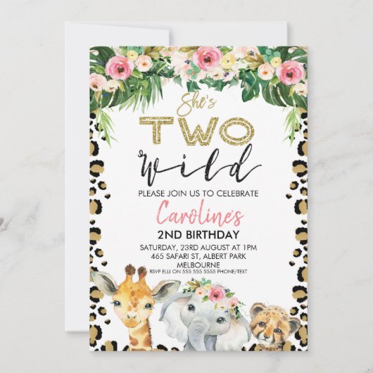 Invitation Floral She's Two Wild Cheetah Imprimer Anniversair (Devant)