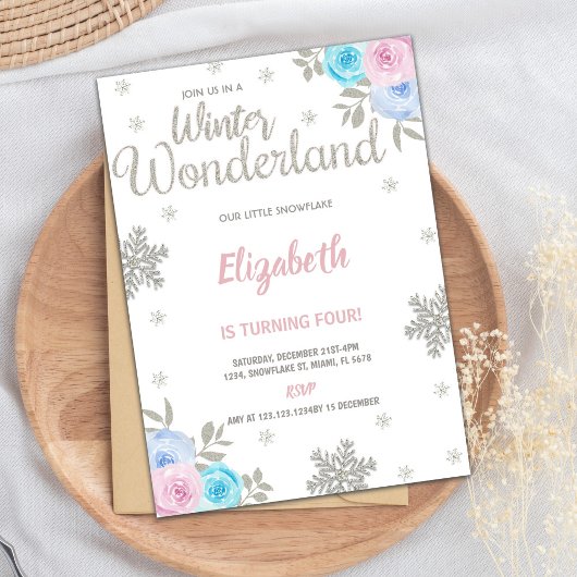 Invitation Floral Silver Parties scintillant Winter Wonderlan
