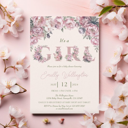Invitation Floral Spring Pink Peonies Boho Girl Baby shower