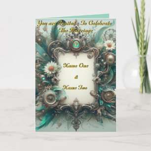 Invitation Floral Steampunk Mariage vert et argent