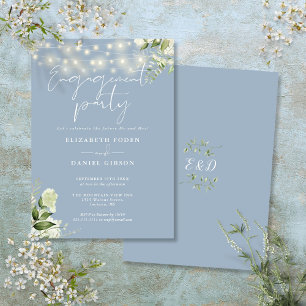 Invitation Floral String Lights Dusty Blue Engagement Party