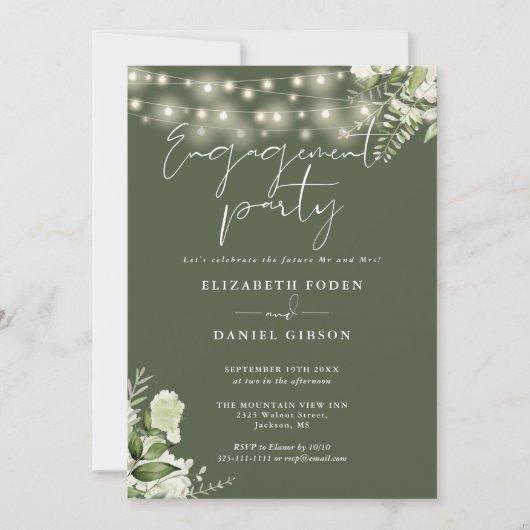 Invitation Floral String Lights Olive Green Engagement Party (Devant)