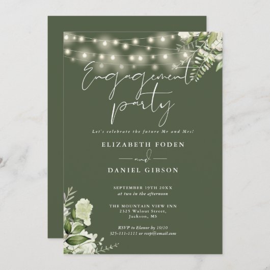 Invitation Floral String Lights Olive Green Engagement Party (Devant / Derrière)