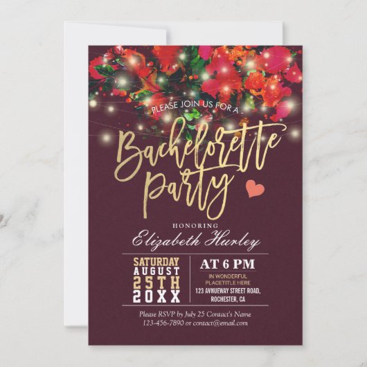 Invitation Floral String Lumière Gold Script Bachelorette Par (Devant)