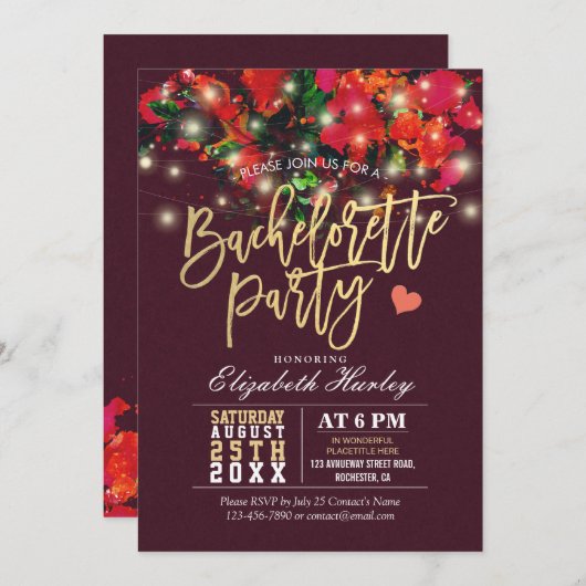 Invitation Floral String Lumière Gold Script Bachelorette Par (Devant / Derrière)