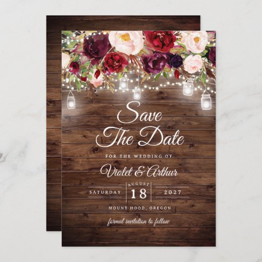 Invitation Floral String Lumières Mariage Enregistrer La Date (Devant / Derrière)