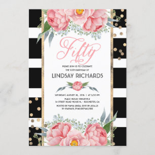 Invitation Floral Stripes Moderne Gold Décor 50 Anniversaire