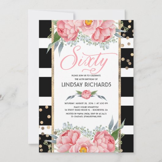 Invitation Floral Stripes Moderne Gold Décor 60 Anniversaire (Devant)