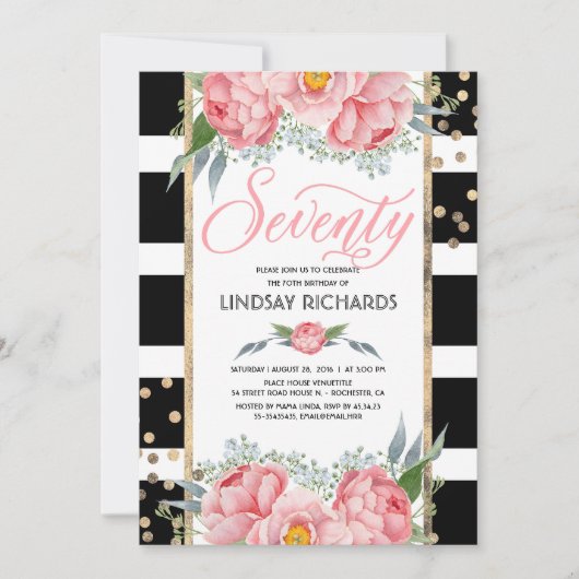 Invitation Floral Stripes Moderne Gold Décor 70 Anniversaire (Devant)