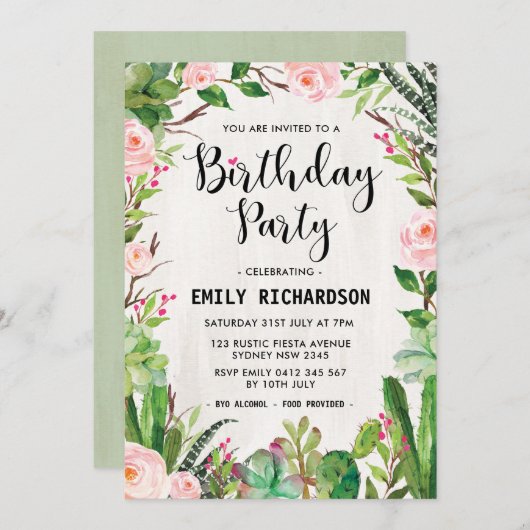 Invitation floral succulent de fête d'anniversaire (Devant / Derrière)