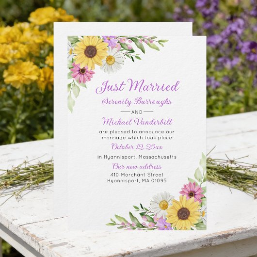 Invitation Floral Sunflower Daisy Just Married Wedding