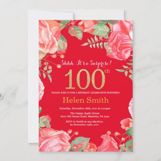 Invitation Floral Surprise 100e Anniversaire Gold Parties sci (Devant)