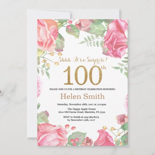 Invitation Floral Surprise 100e anniversaire Parties scintill (Devant)