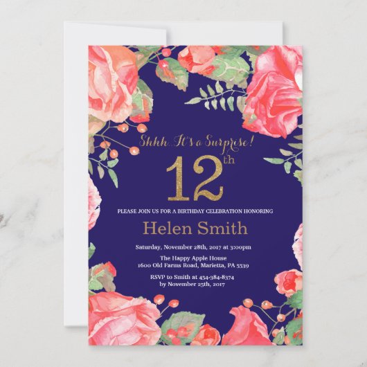 Invitation Floral Surprise 12e anniversaire Gold Parties scin (Devant)
