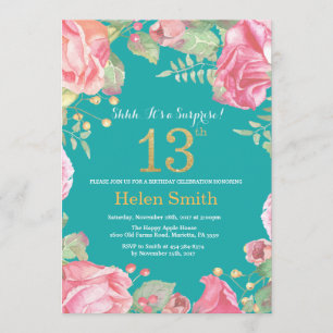 Invitation Floral Surprise 13e anniversaire Or et Turquoise