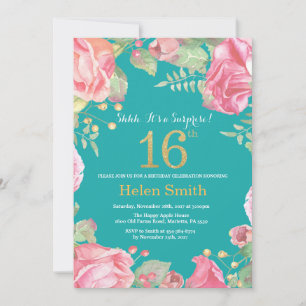 Invitation Floral Surprise 16e anniversaire Or et Turquoise