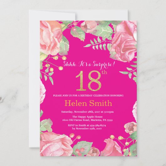 Invitation Floral Surprise 18e anniversaire Or et rose chaud (Devant)