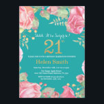Invitation Floral Surprise 21e anniversaire Gold et Turquoise<br><div class="desc">Floral Surprise 21e Anniversaire Invitation pour les femmes. Aquarelle Fleur botanique florale. Parties scintillant d'or. Pignons Roses Fleurs Florales. Anniversaire adulte. Arrière - plan Turquoise Aqua Turquoise.
Pour plus de personnalisation,  cliquez sur le bouton "Customiser" et utilisez notre outil de conception pour modifier ce modèle.</div>