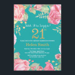 Invitation Floral Surprise 21e anniversaire Gold et Turquoise<br><div class="desc">Floral Surprise 21e Anniversaire Invitation pour les femmes. Aquarelle Fleur botanique florale. Parties scintillant d'or. Pignons Roses Fleurs Florales. Anniversaire adulte. Arrière - plan Turquoise Aqua Turquoise.
Pour plus de personnalisation,  cliquez sur le bouton "Customiser" et utilisez notre outil de conception pour modifier ce modèle.</div>