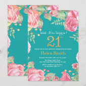 Invitation Floral Surprise 21e Anniversaire Or et Turquoise (Devant / Derrière)