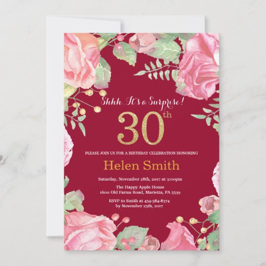 Invitation Floral Surprise 30e Anniversaire Or Bourgogne Roug (Devant)