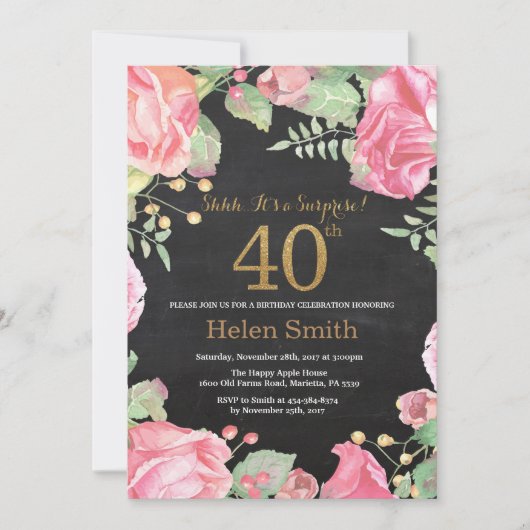 Invitation Floral Surprise 40e anniversaire Parties scintilla (Devant)
