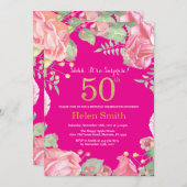 Invitation Floral Surprise 50e Anniversaire Or et rose chaud (Devant / Derrière)