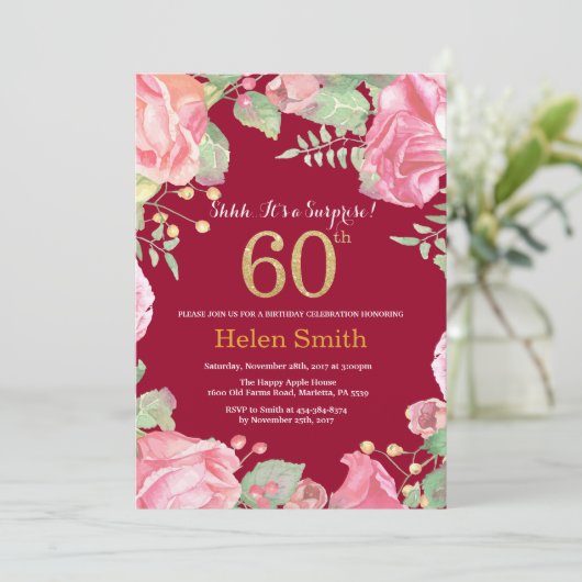Invitation Floral Surprise 60e Anniversaire Or Bourgogne Roug (Debout devant)