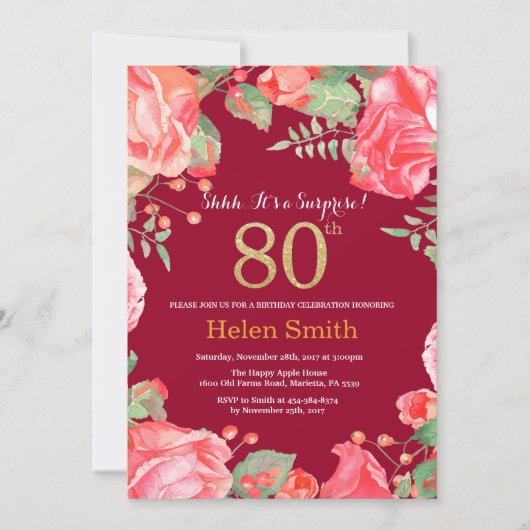 Invitation Floral Surprise 80e Anniversaire Or Bourgogne Roug (Devant)