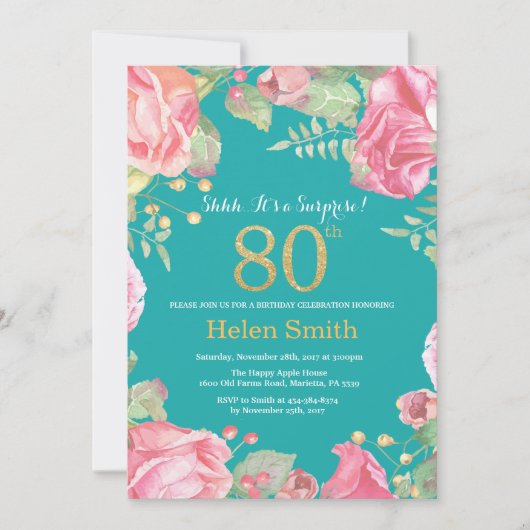 Invitation Floral Surprise 80e Anniversaire Or et Turquoise (Devant)