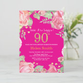 Invitation Floral Surprise 90e Anniversaire Or et rose chaud (Debout devant)